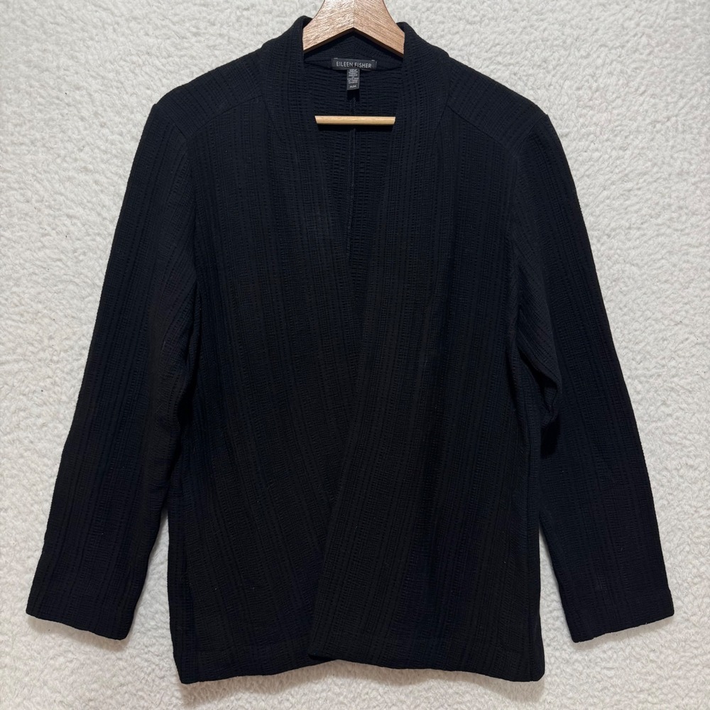 EILEEN FISHER Black Textured Knit Open Front Cardigan Jacket M Made in USA